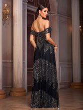 Black Off Shoulder Sequin A-line Prom Dress